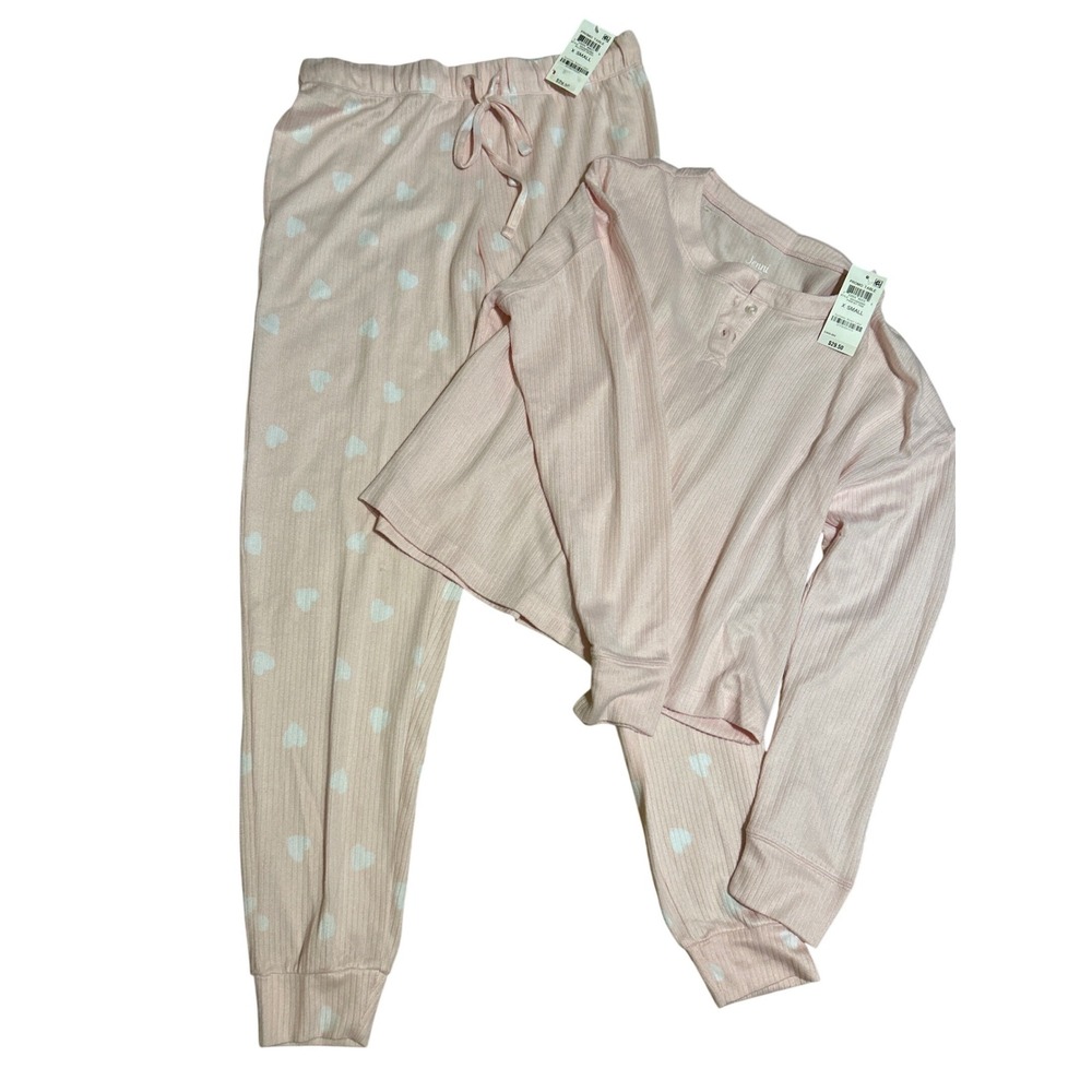 Jenni Pink Ribbed Heart Print Pajama Set Henley Top Joggers XS NEW